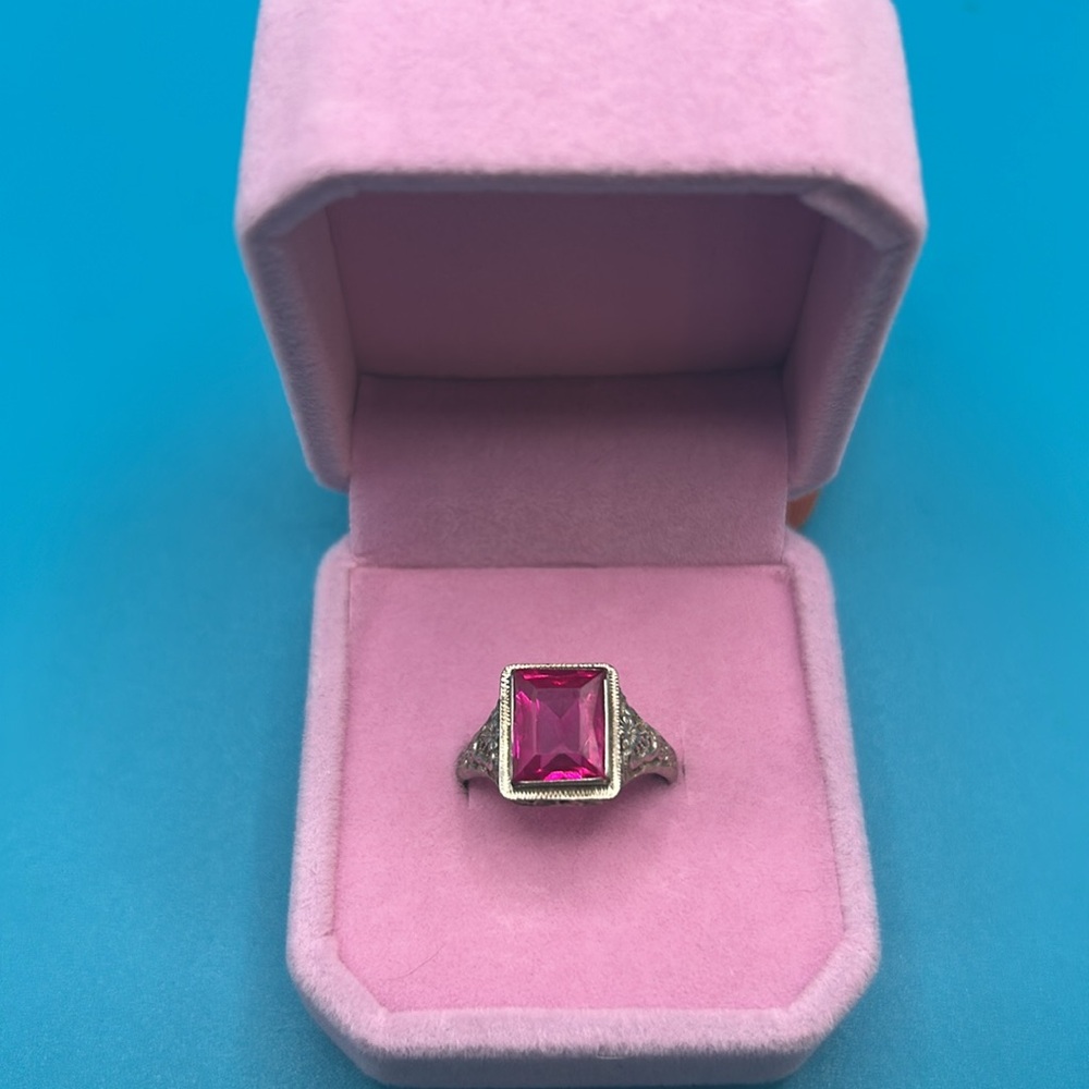 Antique Art Deco 14K White Gold with Lab Grown Ruby Stone.